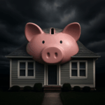 An ominous house shaped like a piggy bank, symbolizing the risks and rewards of tapping into home equity in New Jersey in 2025.