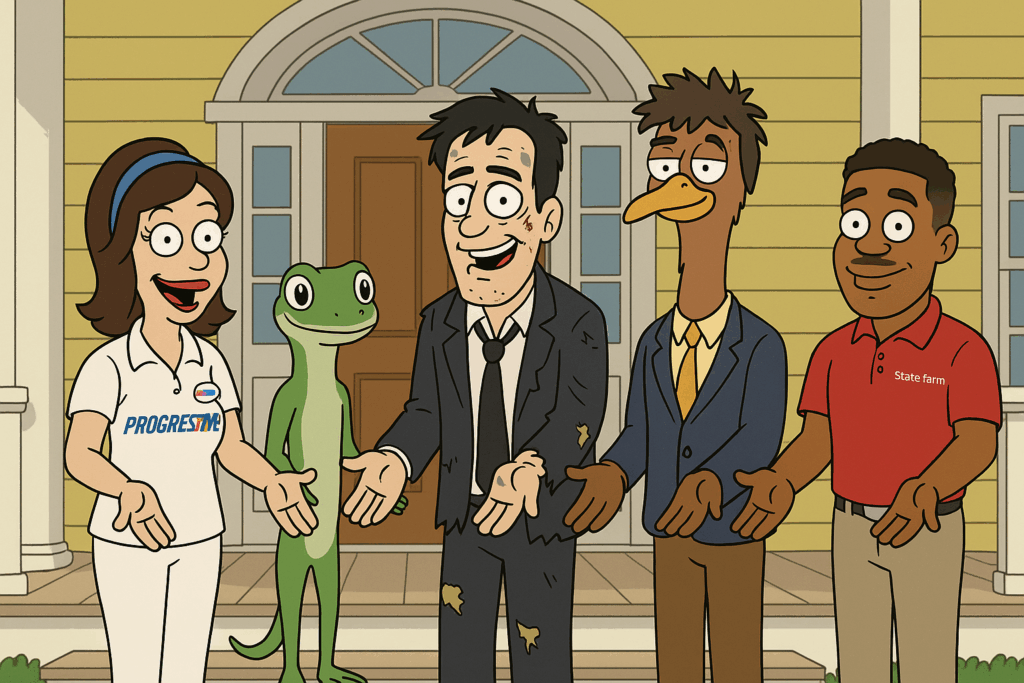 Cartoon of insurance mascots Flo, Gecko, Mayhem, Jake, and the Liberty Mutual Emu standing with hands out on a colonial-style porch as if asking for money.