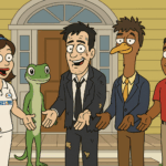 Cartoon of insurance mascots Flo, Gecko, Mayhem, Jake, and the Liberty Mutual Emu standing with hands out on a colonial-style porch as if asking for money.