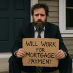 Disheveled man in a business suit with a long beard sitting on the front porch of a New Jersey home, holding a cardboard sign that reads “Will Work for Mortgage Payment”
