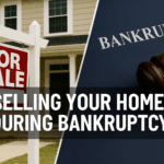 Split image of a Bergen County house on one side and a bankruptcy court document on the other, representing the intersection of real estate and financial hardship