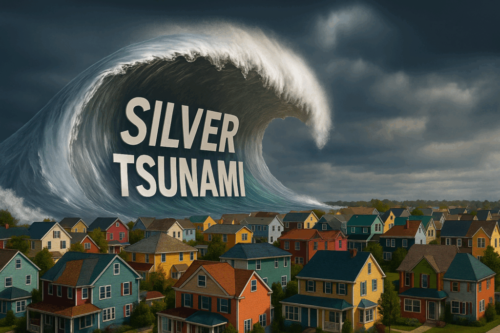 A giant silver tidal wave approaching a New Jersey-style suburban neighborhood, symbolizing the baby boomer housing shift