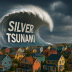 A giant silver tidal wave approaching a New Jersey-style suburban neighborhood, symbolizing the baby boomer housing shift