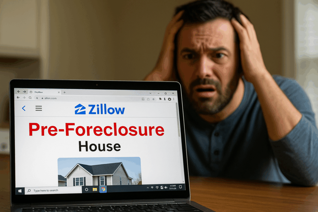 Frustrated New Jersey homeowner reacts to Zillow preforeclosure listing on laptop