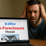 Frustrated New Jersey homeowner reacts to Zillow preforeclosure listing on laptop