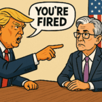 Cartoon of Donald Trump pointing at Jerome Powell, shouting 'YOU'RE FIRED' in a boardroom with an American flag in the background