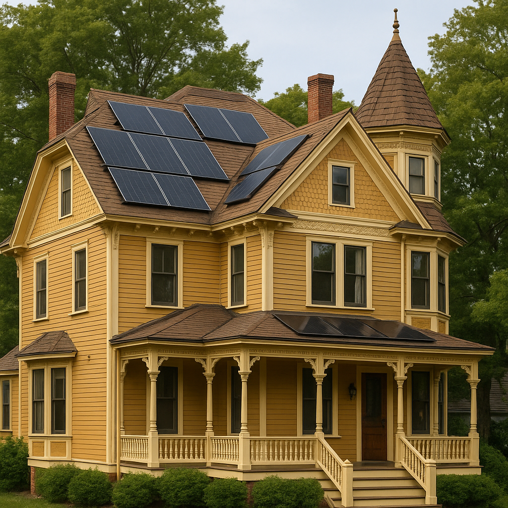 Beautiful yellow Victorian-style home in New Jersey with solar panels installed on the roof