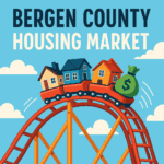 A roller coaster with homes riding the track, symbolizing the ups and downs of Bergen County’s housing market in 2025.