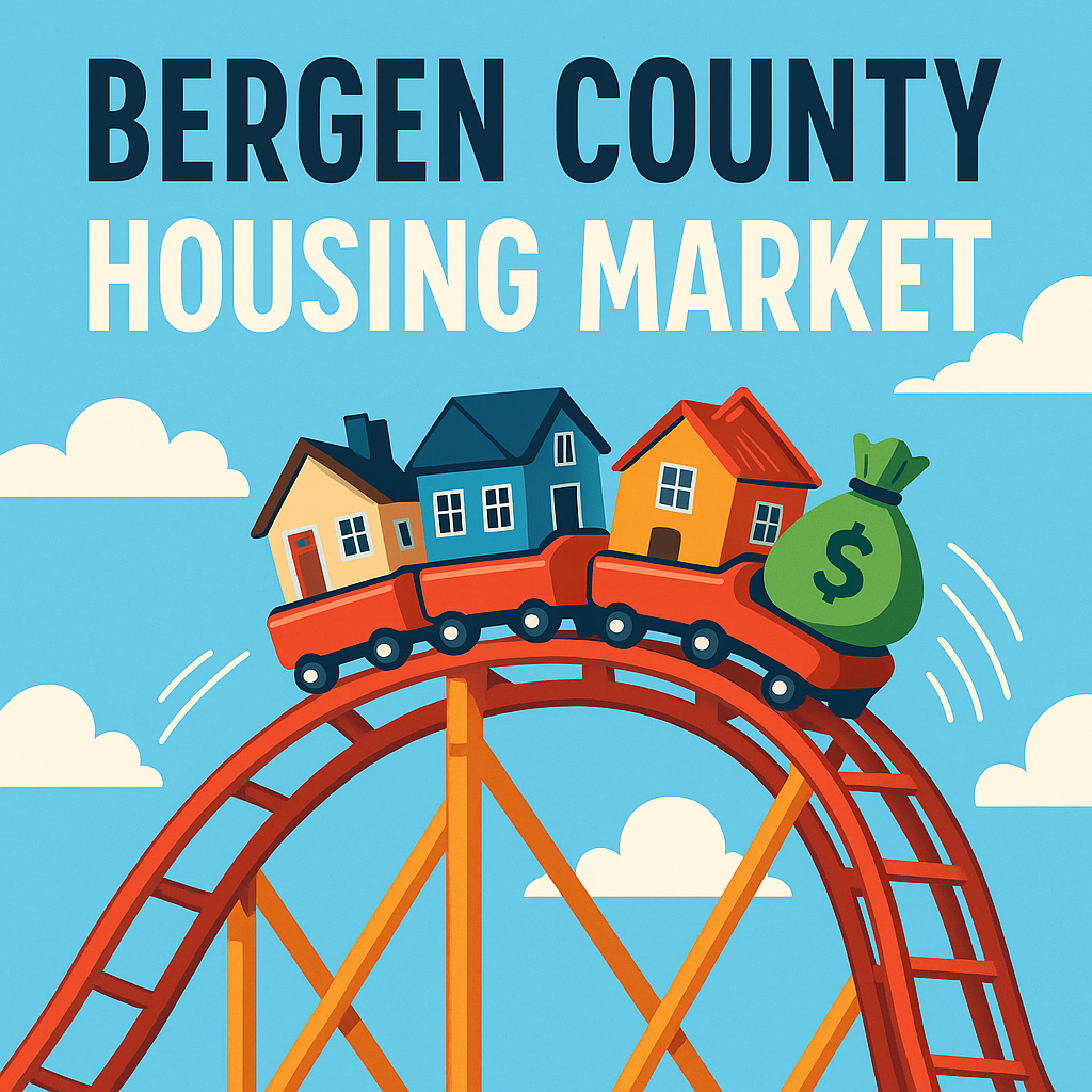 A roller coaster with homes riding the track, symbolizing the ups and downs of Bergen County’s housing market in 2025.