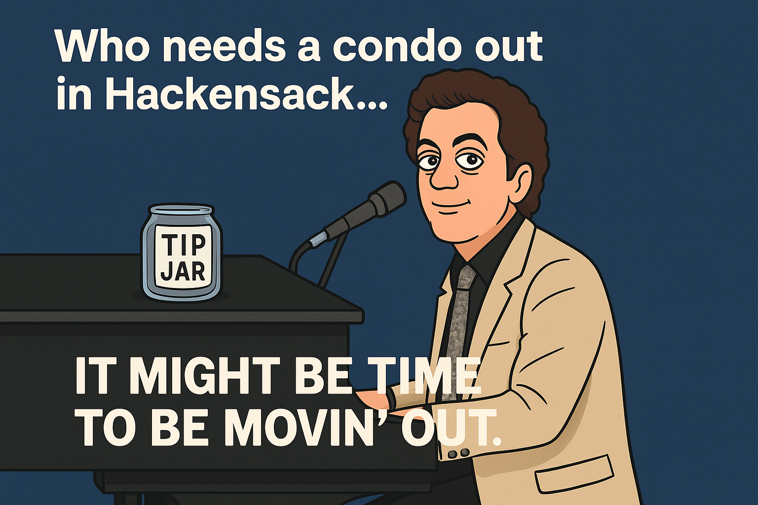 Cartoon of Billy Joel at the piano with a tip jar, featuring the lyrics "Who needs a condo out in Hackensack... It might be time to be movin’ out"