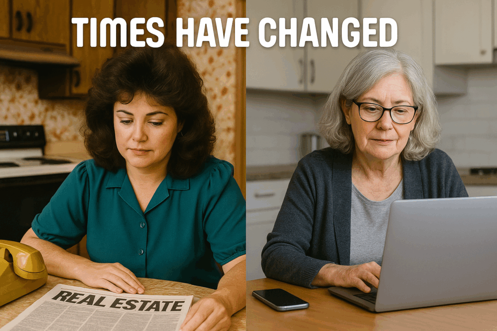 Split-screen image of the same woman decades apart, sitting at a kitchen table; on the left, in the 1980s with a rotary phone and newspaper, on the right, older with gray hair, using a laptop and smartphone.