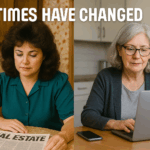 Split-screen image of the same woman decades apart, sitting at a kitchen table; on the left, in the 1980s with a rotary phone and newspaper, on the right, older with gray hair, using a laptop and smartphone.