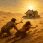 Exhausted couple crawling through the desert toward a glowing house with a swimming pool and "For Sale" sign under a radiant sun