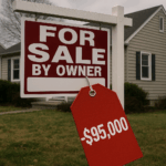 For Sale By Owner sign with large red price tag showing $95,000 loss in front of a Bergen County NJ home