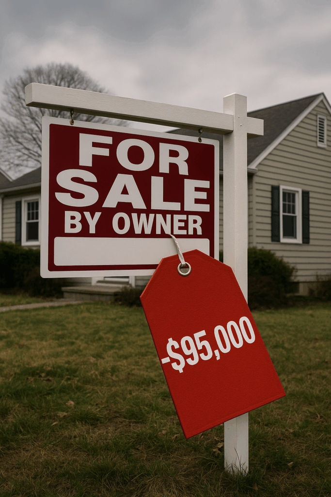 For Sale By Owner sign with large red price tag showing $95,000 loss in front of a Bergen County NJ home