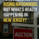 Foreclosure auction sign in front of suburban home with text about rising foreclosure rates in New Jersey and nationwide