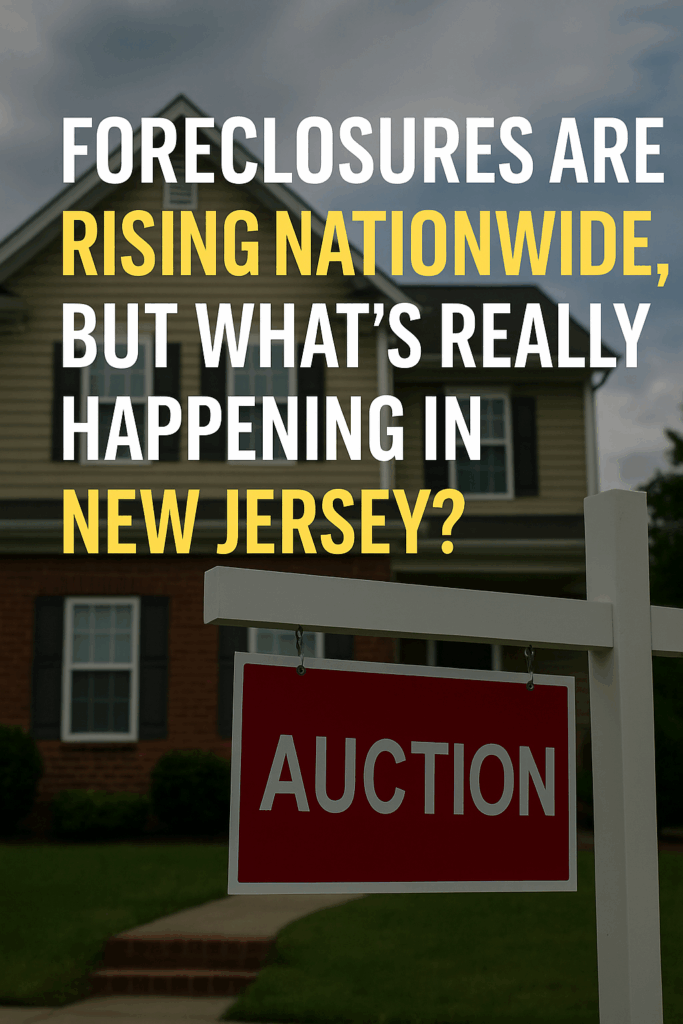 Foreclosure auction sign in front of suburban home with text about rising foreclosure rates in New Jersey and nationwide
