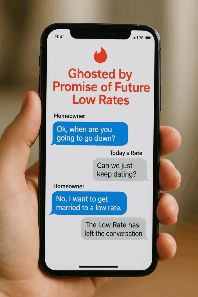 Smartphone screen showing a Tinder-style text exchange between a frustrated homeowner and "Today’s Rate" about high mortgage rates, ending with “The Low Rate has left the conversation.”