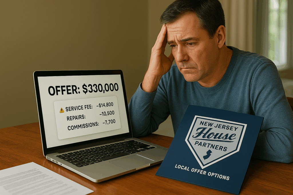 Concerned NJ homeowner reviewing a reduced iBuyer offer with NJ House Partners folder on desk