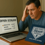 Concerned NJ homeowner reviewing a reduced iBuyer offer with NJ House Partners folder on desk