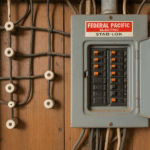 Old knob-and-tube wiring next to a Federal Pacific Electric Stab-Lok panel mounted on a wooden wall in a New Jersey home