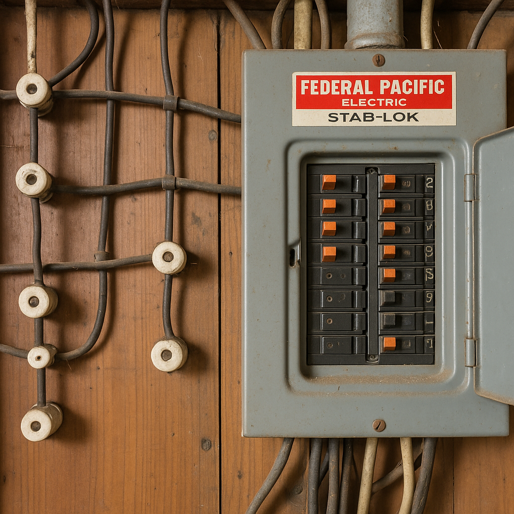 Old knob-and-tube wiring next to a Federal Pacific Electric Stab-Lok panel mounted on a wooden wall in a New Jersey home