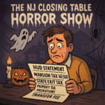 Cartoon illustration of a stressed NJ home seller at a Halloween-themed closing table reviewing a HUD statement with mansion tax, state exit tax, and other fees.