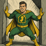 Superhero in green and yellow costume holding back closing walls, symbolizing New Jersey homeowners being squeezed by rising bills