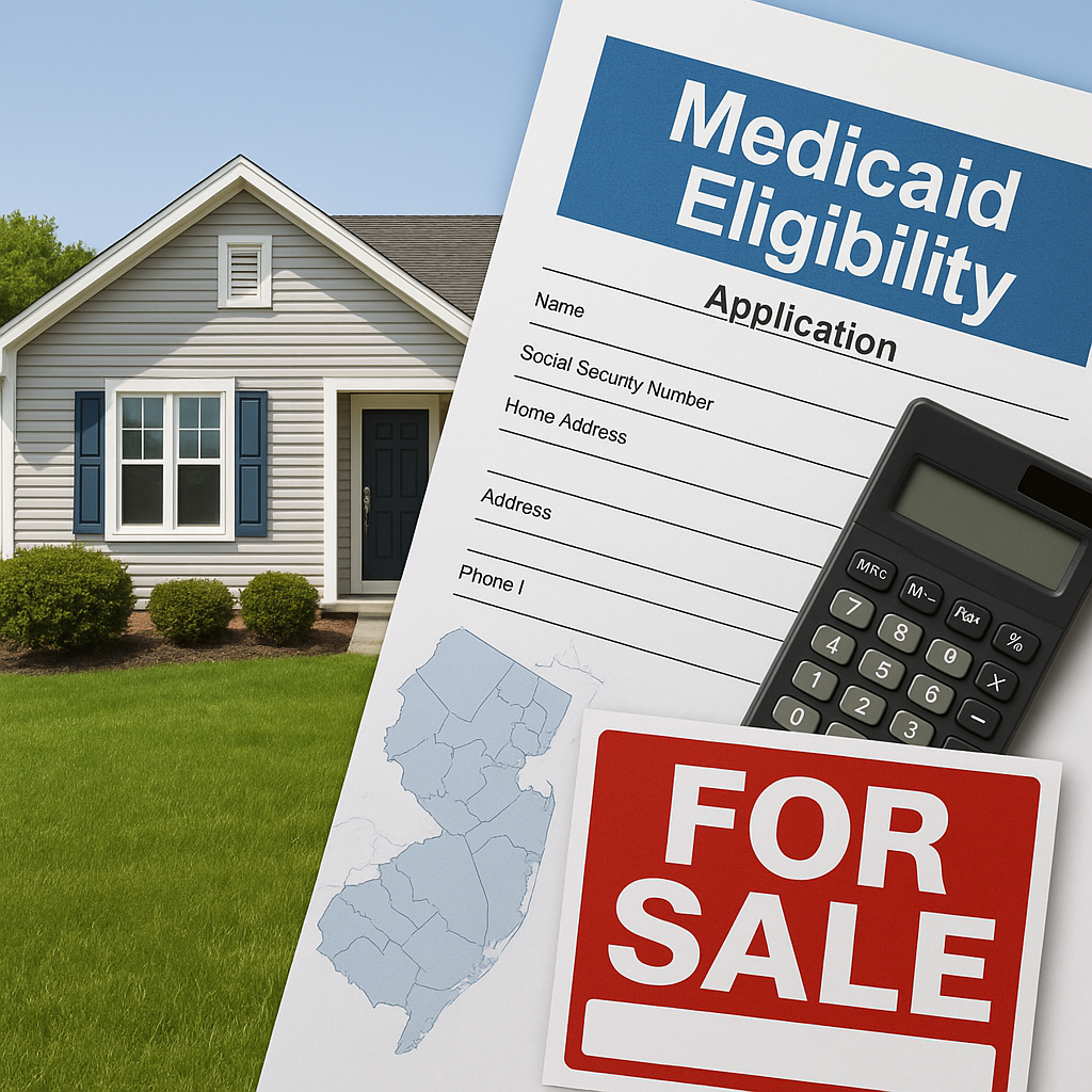 Medicaid eligibility form, calculator, New Jersey map, and for sale sign in front of a house