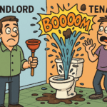 Cartoon of NJ landlord holding a plunger while tenant’s toilet explodes during property maintenance issue