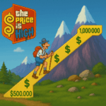 Cartoon mountain climber ascending a yellow ruler labeled from $500,000 to $1 million, parodying The Price is Right with graffiti-style text saying "The Price is High"