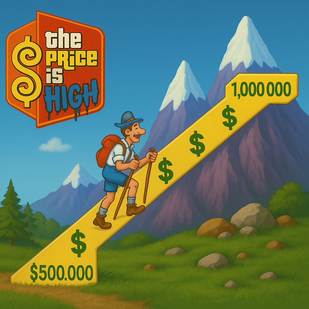 Cartoon mountain climber ascending a yellow ruler labeled from $500,000 to $1 million, parodying The Price is Right with graffiti-style text saying "The Price is High"
