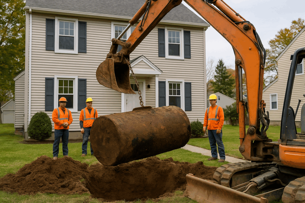 Workers removing an underground oil tank from the front yard of a New Jersey colonial home using an excavator