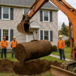 Workers removing an underground oil tank from the front yard of a New Jersey colonial home using an excavator