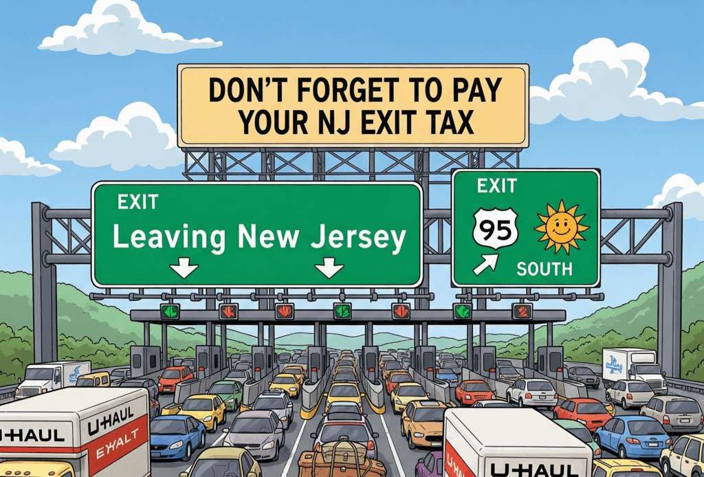 Cartoon of crowded highway exit from New Jersey with toll booth sign reading “Don’t Forget to Pay Your NJ Exit Tax,” packed vehicles heading to Florida