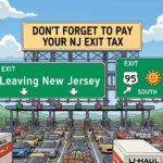 Cartoon of crowded highway exit from New Jersey with toll booth sign reading “Don’t Forget to Pay Your NJ Exit Tax,” packed vehicles heading to Florida