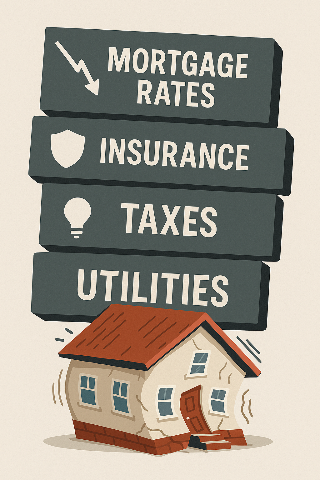 Illustration of a New Jersey home being crushed under blocks labeled mortgage rates, insurance, taxes, and utilities to show rising homeownership costs.