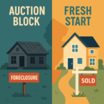 Split-screen illustration showing a foreclosed home labeled “Auction Block” on the left and a newly sold home labeled “Fresh Start” on the right