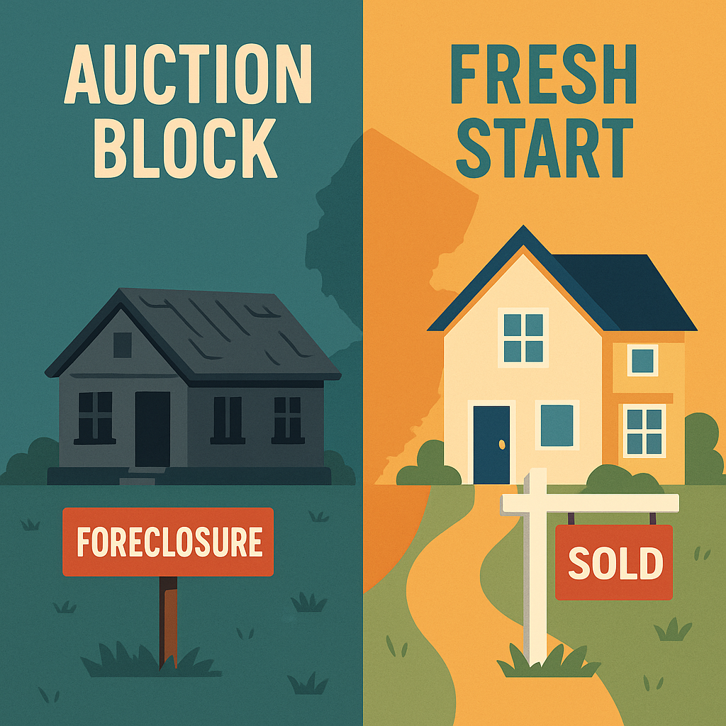 Split-screen illustration showing a foreclosed home labeled “Auction Block” on the left and a newly sold home labeled “Fresh Start” on the right