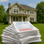 A suburban New Jersey home sitting on a pile of overdue bills for utilities, property taxes, and credit cards, symbolizing homeowners being house rich but money poor.