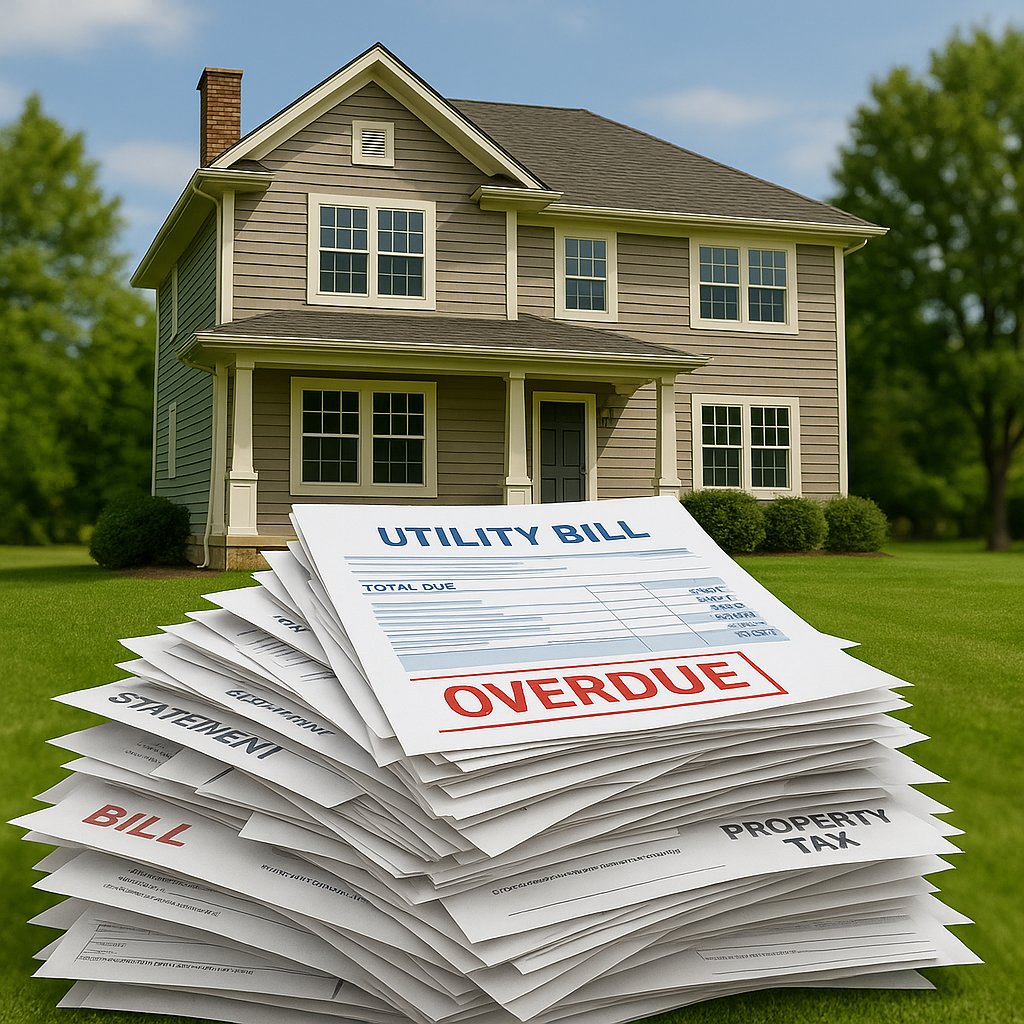A suburban New Jersey home sitting on a pile of overdue bills for utilities, property taxes, and credit cards, symbolizing homeowners being house rich but money poor.