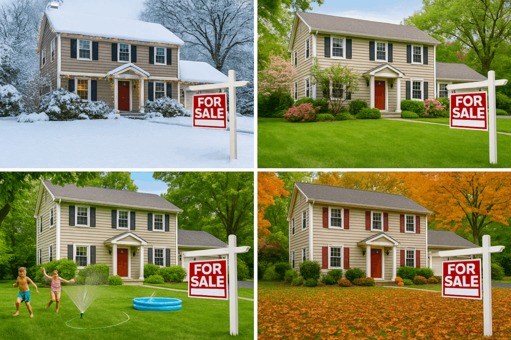 Four-photo collage of a Bergen County colonial-style home in all four seasons, each with a red For Sale sign. Winter shows snow and Christmas lights, spring has blooming flowers, summer includes kids playing in a sprinkler and an inflatable pool, and fall shows pumpkins and fallen leaves.