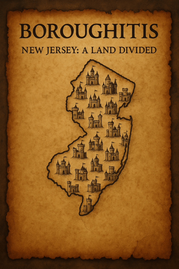Fantasy-style parchment map of New Jersey showing dozens of small medieval castles inside the state border, symbolizing boroughitis and the fragmentation into many municipalities.