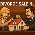 Divorcing couple angrily fighting over a house in New Jersey during a court battle, symbolizing a forced home sale.