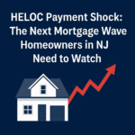 Suburban New Jersey home with rising payment arrow, symbolizing HELOC payment shock and mortgage stress.