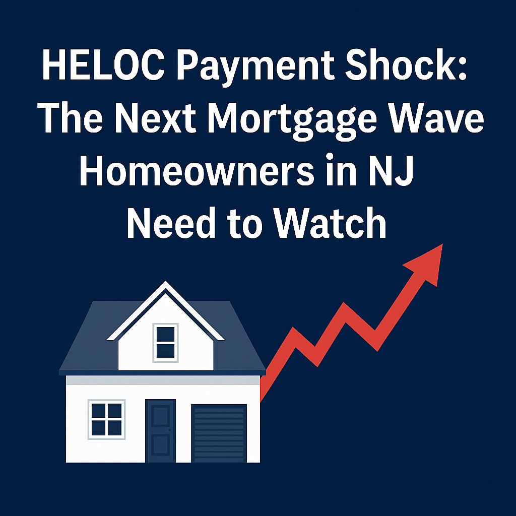 Suburban New Jersey home with rising payment arrow, symbolizing HELOC payment shock and mortgage stress.