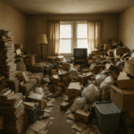Cluttered living room in a hoarder home in New Jersey with stacks of newspapers, boxes, and bags covering the floor and furniture.