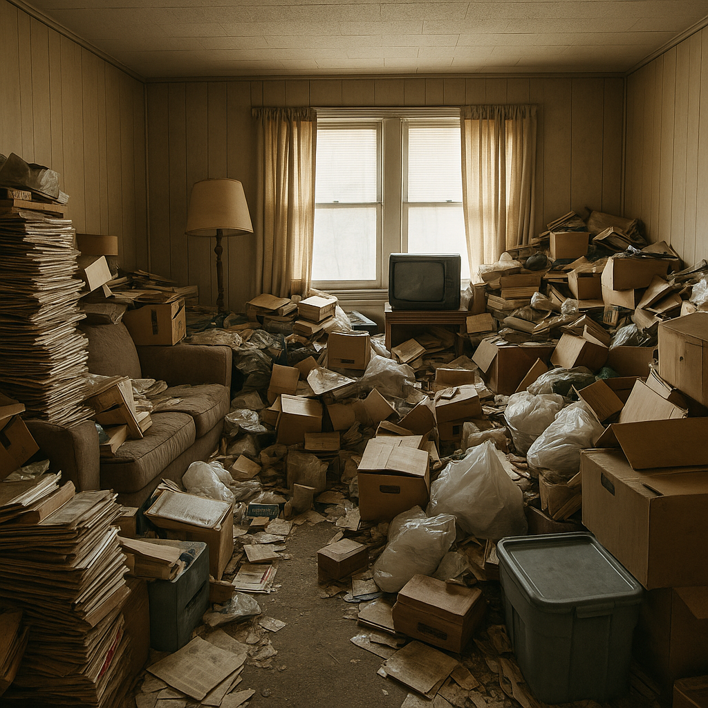 Cluttered living room in a hoarder home in New Jersey with stacks of newspapers, boxes, and bags covering the floor and furniture.