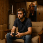 Millennial man playing Xbox on a futon in his parents’ basement with wood paneling and hot water heater, while parents peek down the stairs.