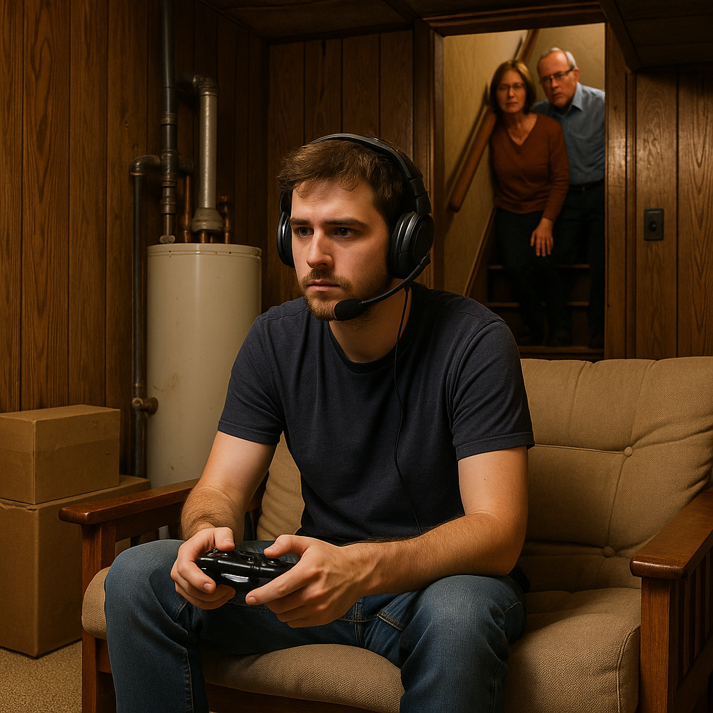 Millennial man playing Xbox on a futon in his parents’ basement with wood paneling and hot water heater, while parents peek down the stairs.
